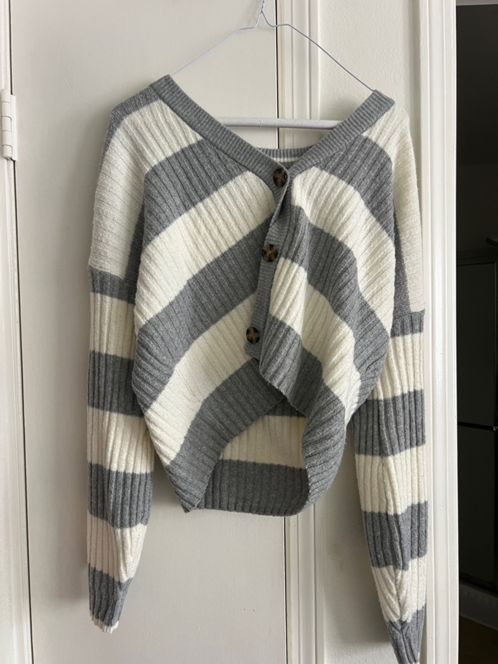 Pink Republic Gray & Cream Striped Rib-Knit Cropped Cardigan